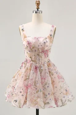 Sparkly Floral A-line Square Neck Sequins Vestido Curto Homecoming com renda para trás