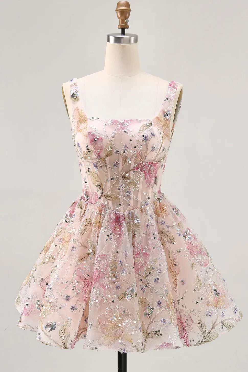 Sparkly Floral A-line Square Neck Sequins Vestido Curto Homecoming com renda para trás