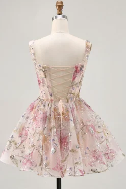 Sparkly Floral A-line Square Neck Sequins Vestido Curto Homecoming com renda para trás