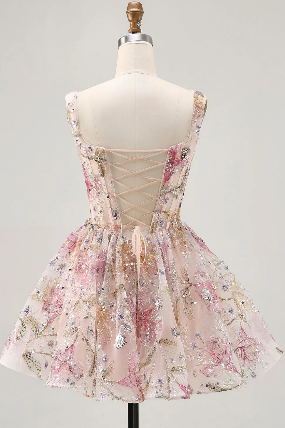 Sparkly Floral A-line Square Neck Sequins Vestido Curto Homecoming com renda para trás