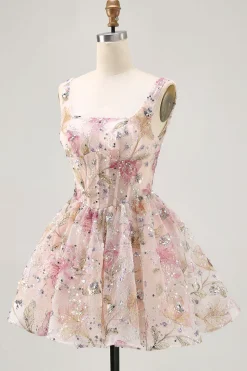 Sparkly Floral A-line Square Neck Sequins Vestido Curto Homecoming com renda para trás