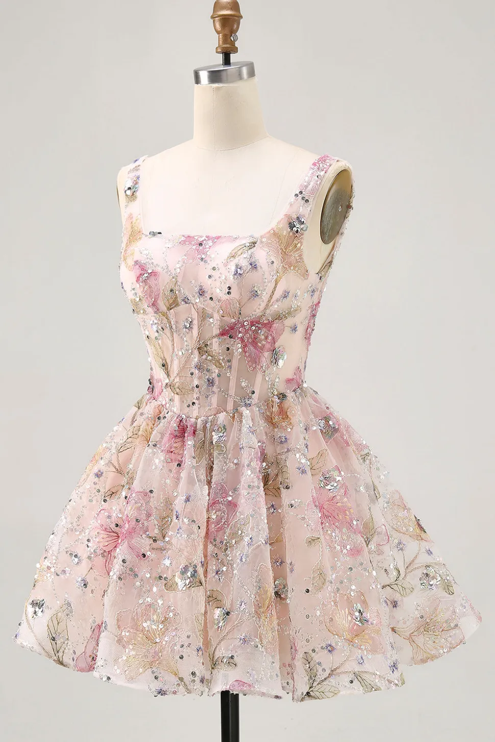 Sparkly Floral A-line Square Neck Sequins Vestido Curto Homecoming com renda para trás