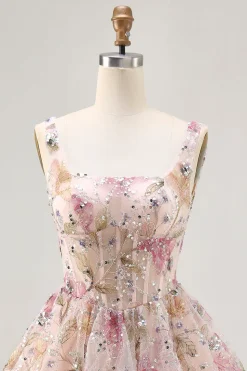 Sparkly Floral A-line Square Neck Sequins Vestido Curto Homecoming com renda para trás