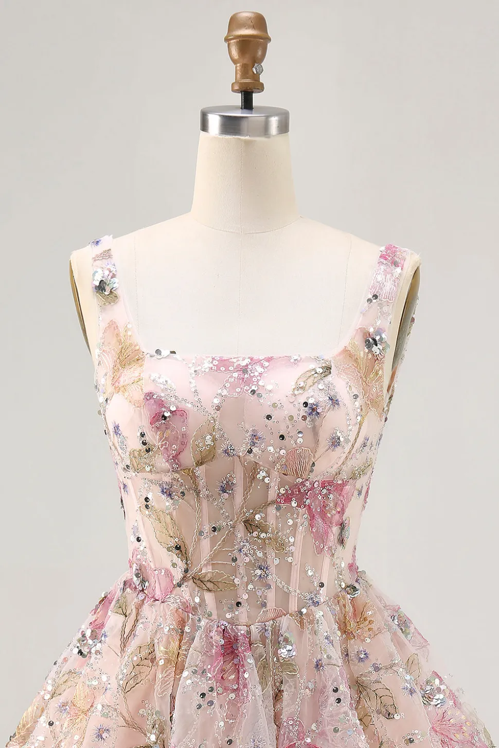 Sparkly Floral A-line Square Neck Sequins Vestido Curto Homecoming com renda para trás
