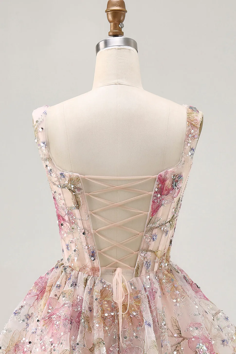 Sparkly Floral A-line Square Neck Sequins Vestido Curto Homecoming com renda para trás