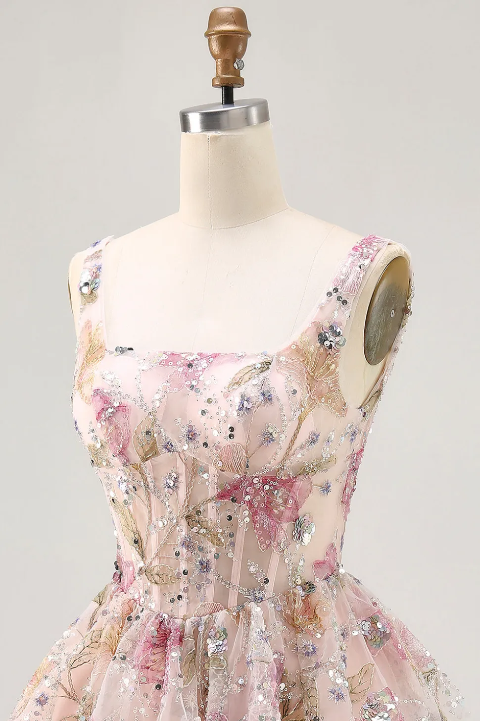 Sparkly Floral A-line Square Neck Sequins Vestido Curto Homecoming com renda para trás