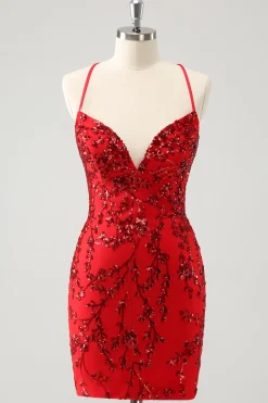 Sparkly Floral Red Tight Short Homecoming Dress com lantejoulas