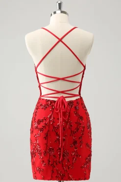 Sparkly Floral Red Tight Short Homecoming Dress com lantejoulas
