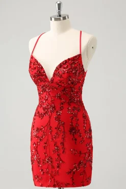 Sparkly Floral Red Tight Short Homecoming Dress com lantejoulas