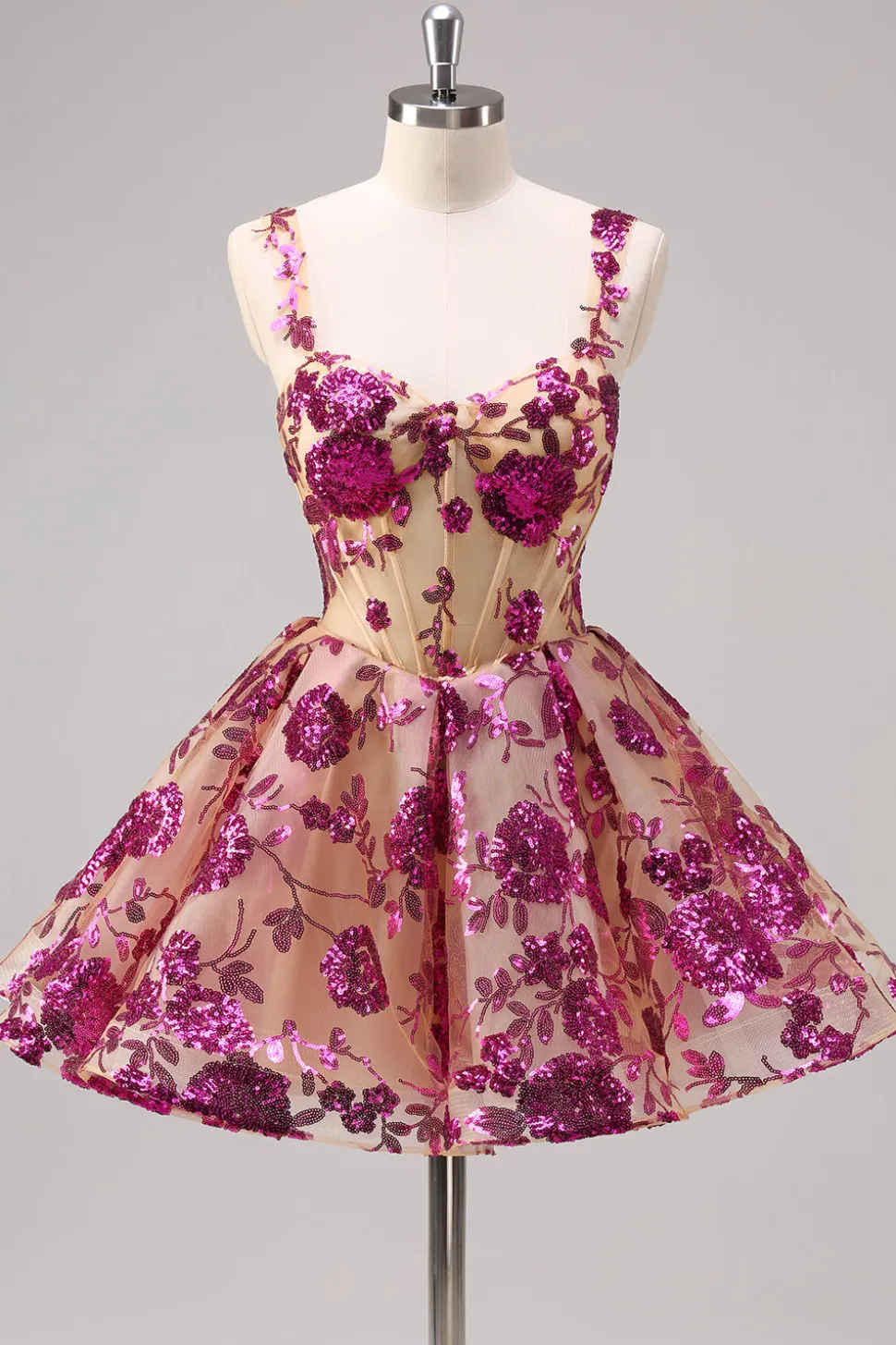 Sparkly Fuchsia A Line Corset Long Homecoming Dress com Sequins