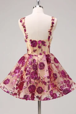 Sparkly Fuchsia A Line Corset Long Homecoming Dress com Sequins