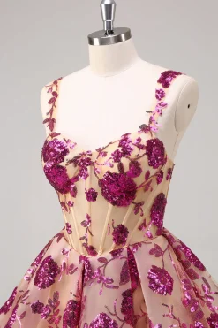 Sparkly Fuchsia A Line Corset Long Homecoming Dress com Sequins