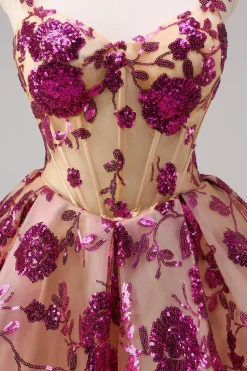 Sparkly Fuchsia A Line Corset Long Homecoming Dress com Sequins