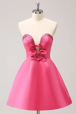 Sparkly Fuchsia A-Line Beaded Vestido Homecoming sem alças com laços
