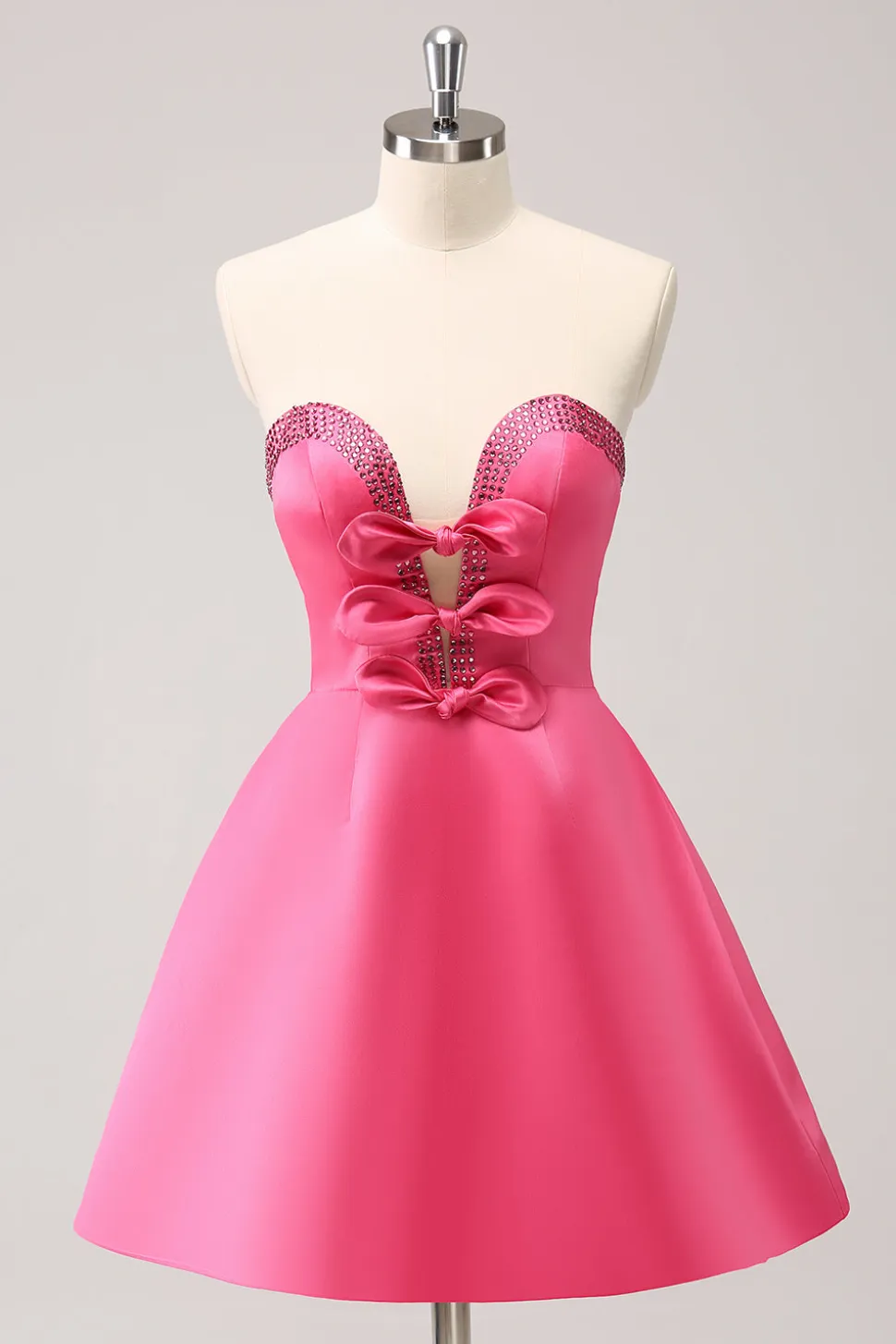 Sparkly Fuchsia A-Line Beaded Vestido Homecoming sem alças com laços