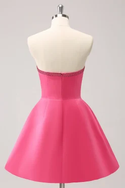 Sparkly Fuchsia A-Line Beaded Vestido Homecoming sem alças com laços
