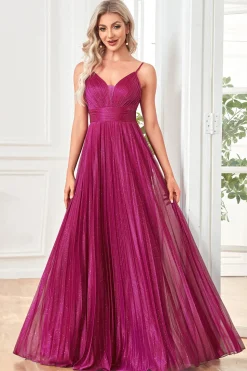 Sparkly Fuchsia A-Line Espaghetti Correias plissado longo vestido formal