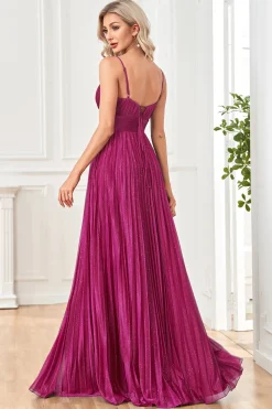 Sparkly Fuchsia A-Line Espaghetti Correias plissado longo vestido formal