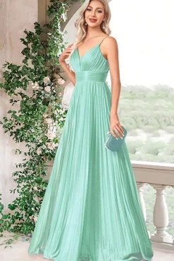 Sparkly Fuchsia A-Line Espaghetti Correias plissado longo vestido formal