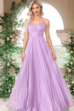 Sparkly Fuchsia A-Line Espaghetti Correias plissado longo vestido formal