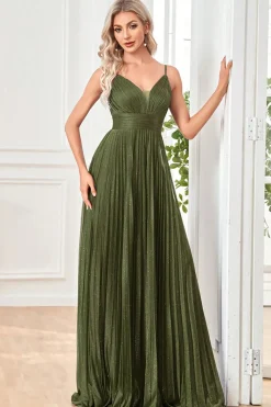 Sparkly Fuchsia A-Line Espaghetti Correias plissado longo vestido formal