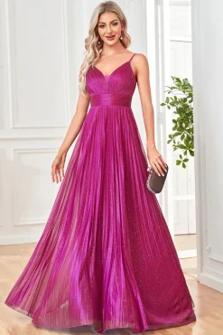 Sparkly Fuchsia A-Line Espaghetti Correias plissado longo vestido formal