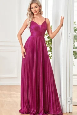 Sparkly Fuchsia A-Line Espaghetti Correias plissado longo vestido formal
