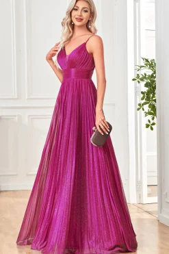 Sparkly Fuchsia A-Line Espaghetti Correias plissado longo vestido formal