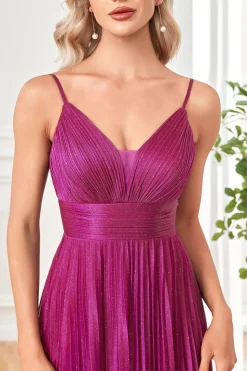 Sparkly Fuchsia A-Line Espaghetti Correias plissado longo vestido formal