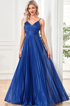 Sparkly Fuchsia A-Line Espaghetti Correias plissado longo vestido formal