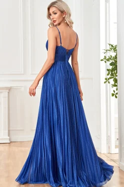 Sparkly Fuchsia A-Line Espaghetti Correias plissado longo vestido formal