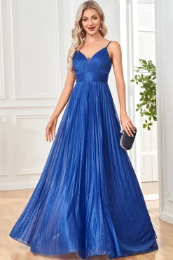 Sparkly Fuchsia A-Line Espaghetti Correias plissado longo vestido formal