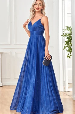 Sparkly Fuchsia A-Line Espaghetti Correias plissado longo vestido formal