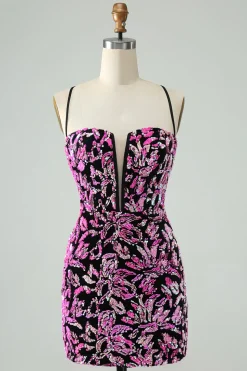 Sparkly Fuchsia Bodycon Esparguete Correias Sequins Vestido Curto Homecoming
