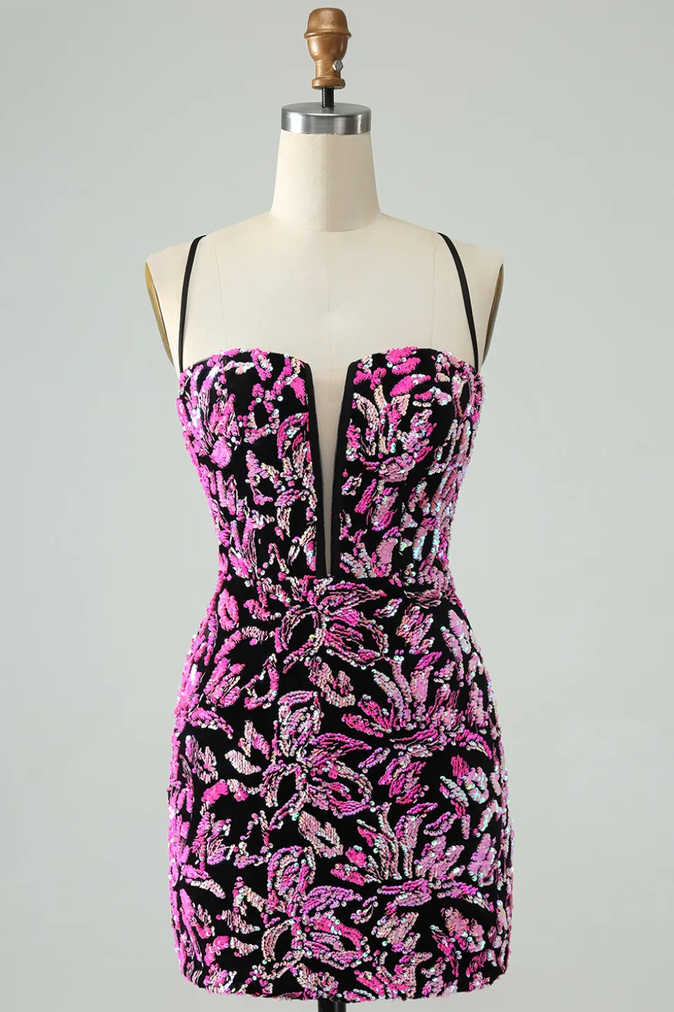 Sparkly Fuchsia Bodycon Esparguete Correias Sequins Vestido Curto Homecoming