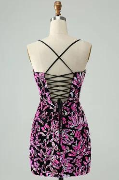 Sparkly Fuchsia Bodycon Esparguete Correias Sequins Vestido Curto Homecoming