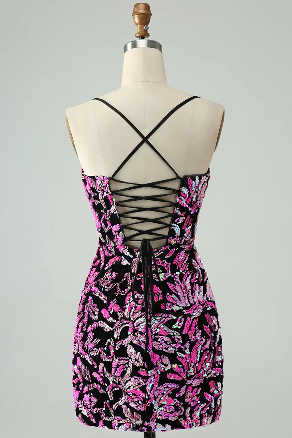 Sparkly Fuchsia Bodycon Esparguete Correias Sequins Vestido Curto Homecoming