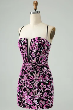 Sparkly Fuchsia Bodycon Esparguete Correias Sequins Vestido Curto Homecoming
