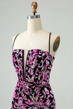 Sparkly Fuchsia Bodycon Esparguete Correias Sequins Vestido Curto Homecoming