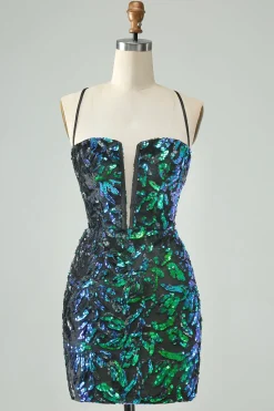 Sparkly Fuchsia Bodycon Esparguete Correias Sequins Vestido Curto Homecoming