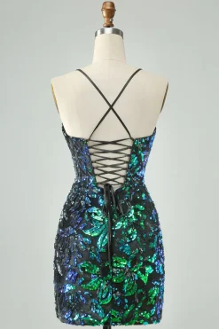 Sparkly Fuchsia Bodycon Esparguete Correias Sequins Vestido Curto Homecoming