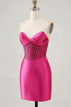 Sparkly Fuchsia Corset Tight Satin Short Homecoming Vestido