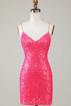 Sparkly Fuchsia frisado apertado vestido curto Homecoming