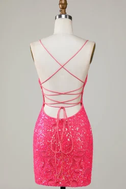 Sparkly Fuchsia frisado apertado vestido curto Homecoming