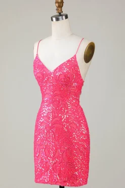 Sparkly Fuchsia frisado apertado vestido curto Homecoming