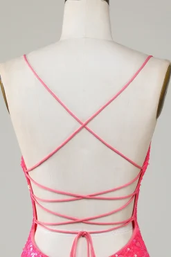 Sparkly Fuchsia frisado apertado vestido curto Homecoming