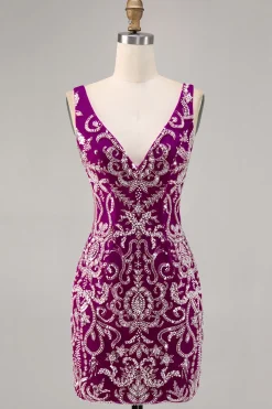Sparkly Fuchsia frisado bodycon Homecoming vestido