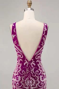 Sparkly Fuchsia frisado bodycon Homecoming vestido