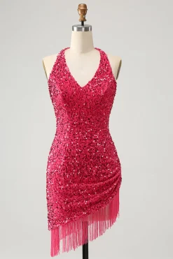 Sparkly Fuchsia Sequins Halter Vestido Curto Bodycon Homecoming com Tassels