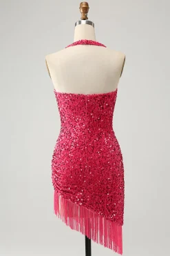 Sparkly Fuchsia Sequins Halter Vestido Curto Bodycon Homecoming com Tassels